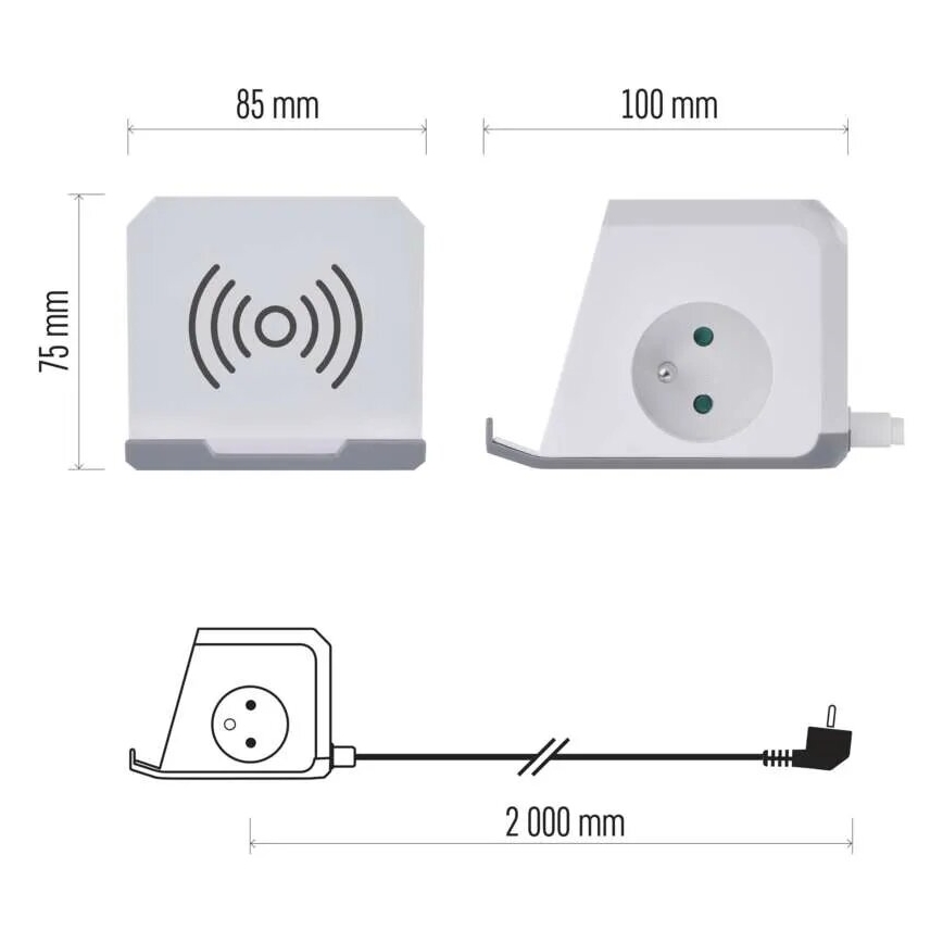 Cable de extensión cubo con carga inalámbrica QI 2Z +2xUSB-A+1xUSB-C 2m blanco