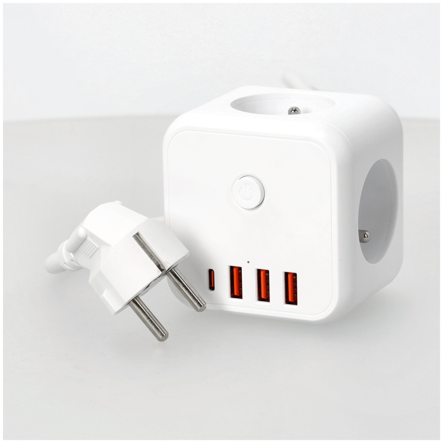 Cable de extensión cubo con interruptor LINEA 3x230V + 4xUSB A/C blanco