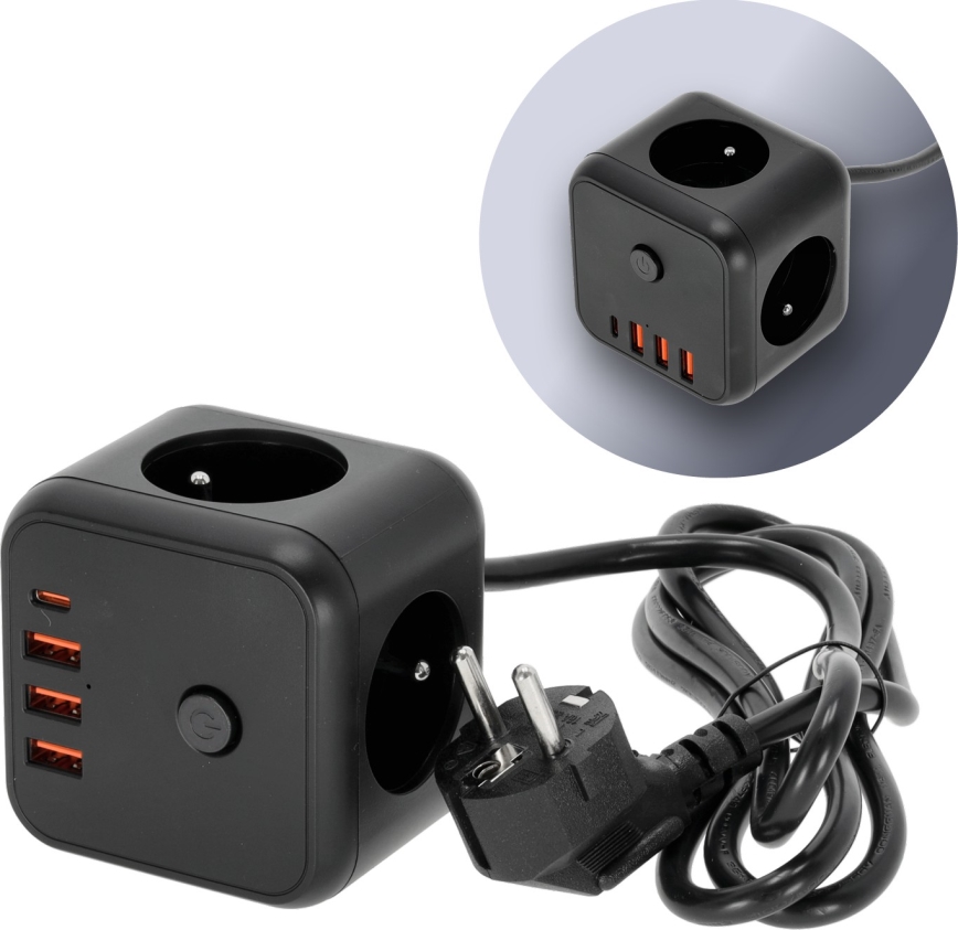 Cable de extensión cubo con interruptor LINEA 3x230V + 4xUSB A/C negro