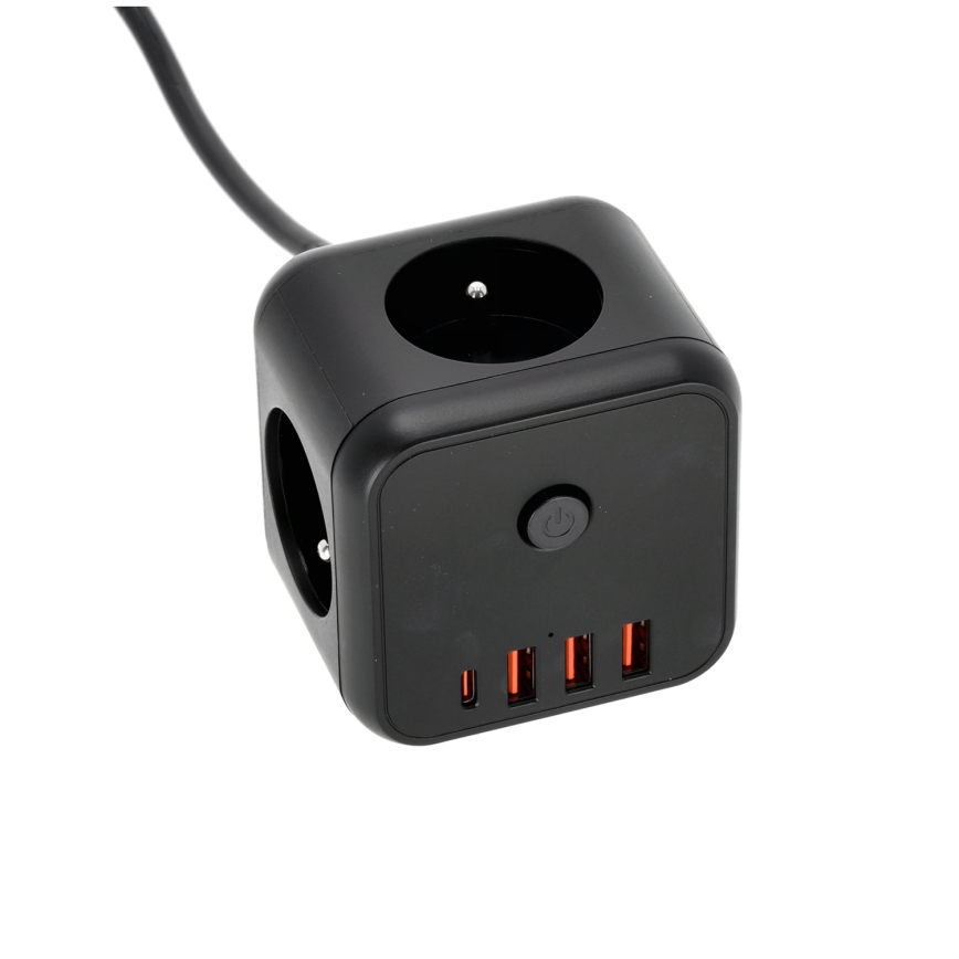 Cable de extensión cubo con interruptor LINEA 3x230V + 4xUSB A/C negro