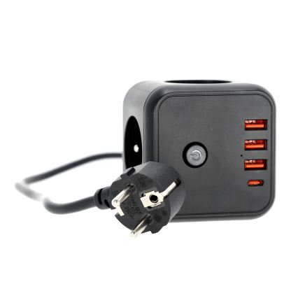 Cable de extensión cubo con interruptor LINEA 3x230V + 4xUSB A/C negro