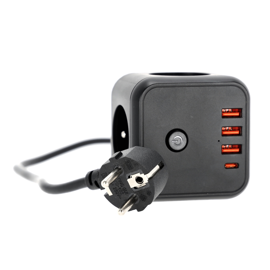Cable de extensión cubo con interruptor LINEA 3x230V + 4xUSB A/C negro