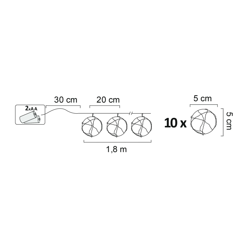 Cadena de luces LED decorativa AHNE 10xLED/2xAA 2,1 m blanco cálido