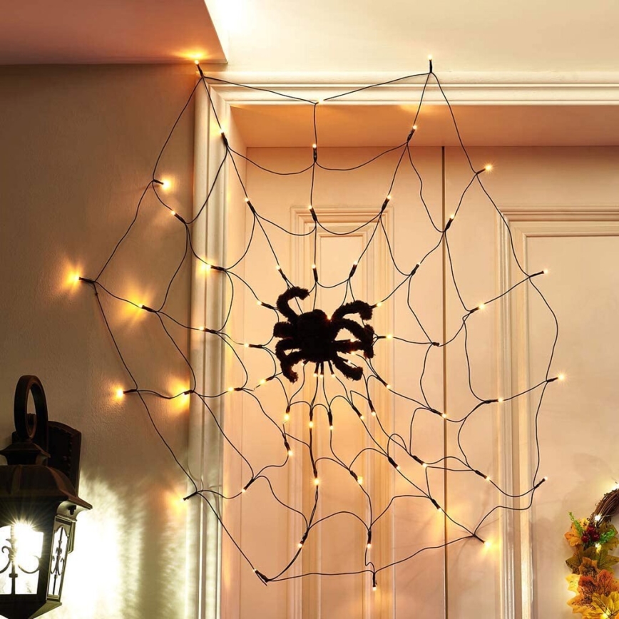 Cadena decorativa LED HALLOWEEN LED/5V/8 funciones telaraña + mando a distancia