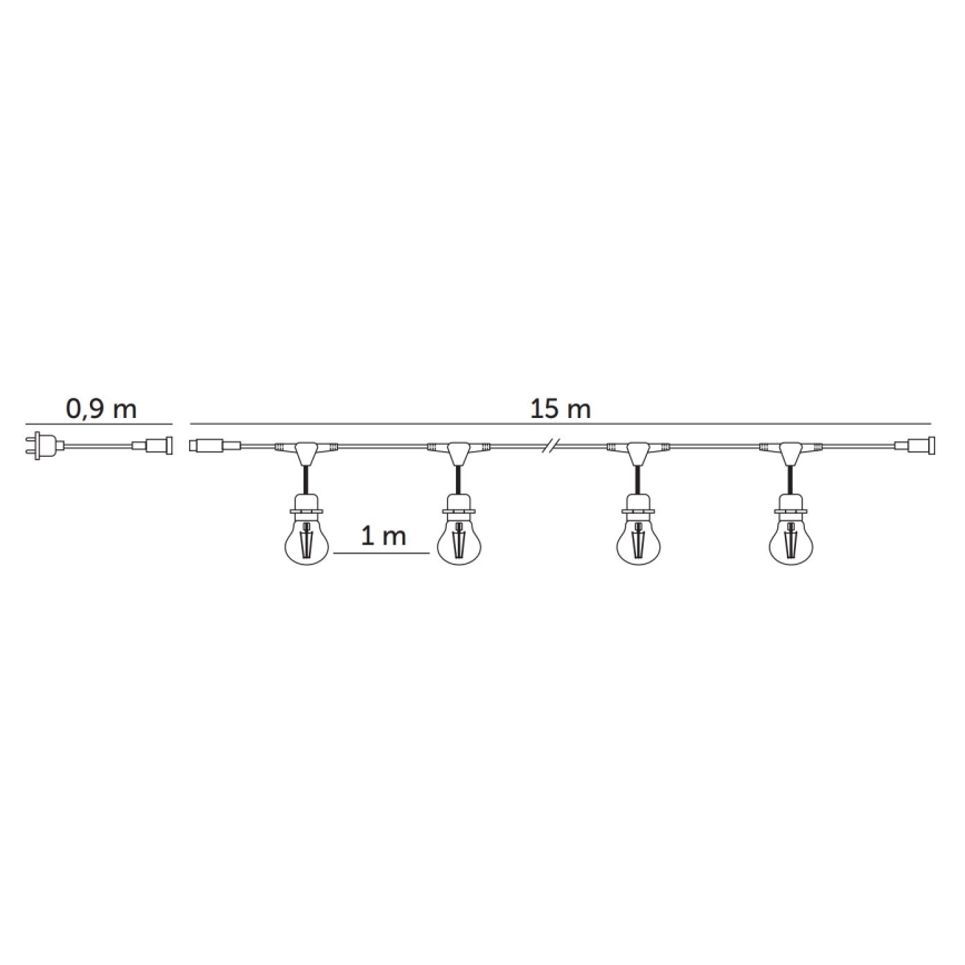 Cadena decorativa LED para exteriores BAJA ST64 15xE27/1W/230V 15,9m IP44 blanco cálido