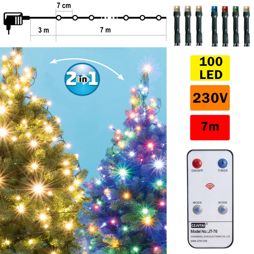 Cadena LED de Navidad para exteriores 100xLED 10m IP44 blanco cálido/multicolor + mando a distancia