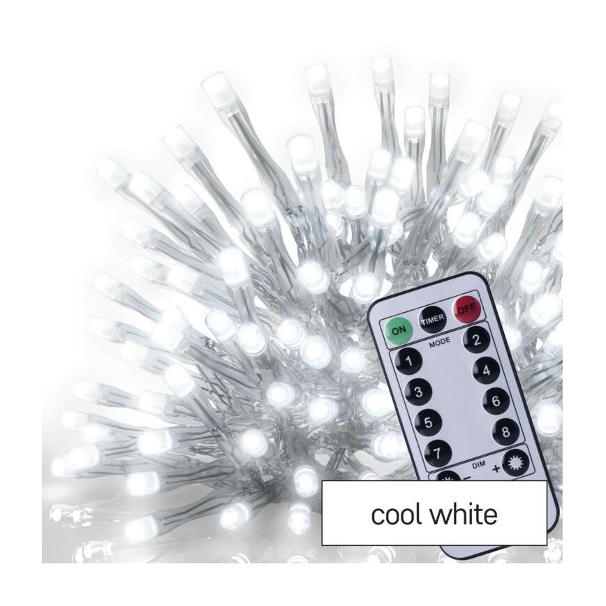Cadena LED de Navidad para exteriores 300xLED/8 modos 10m IP44 blanco frío+mando a distancia