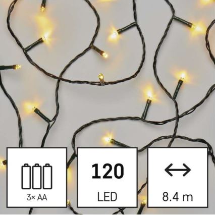 Cadena navideña LED para exterior 120xLED/3xAA 8,9m IP44 blanco cálido