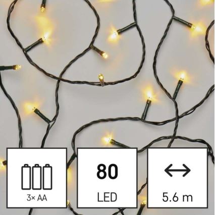 Cadena navideña LED para exterior 80xLED/3xAA 6,1m IP44 blanco cálido