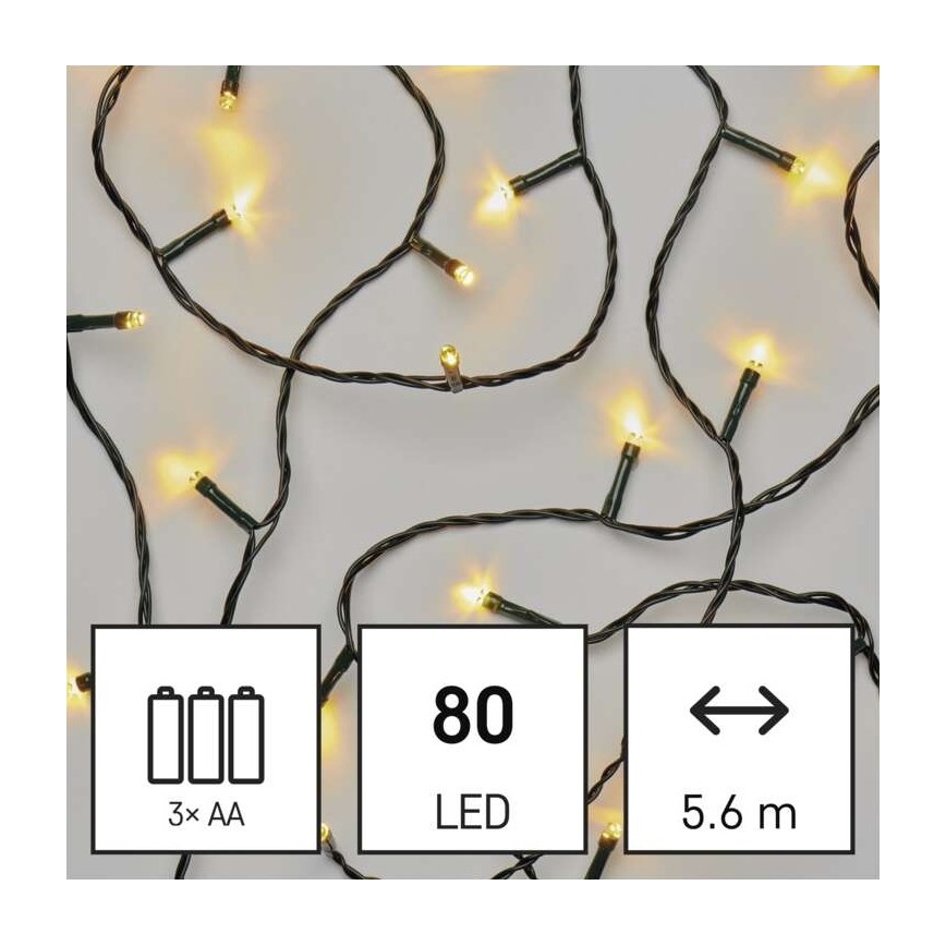 Cadena navideña LED para exterior 80xLED/3xAA 6,1m IP44 blanco cálido
