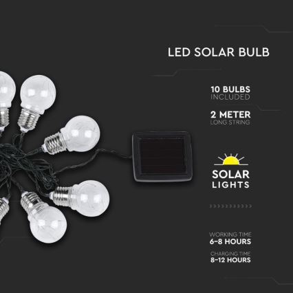 Cadena solar LED 10xLED/1W/1,2V 1xAA 2 m IP44 3000K 300 mAh