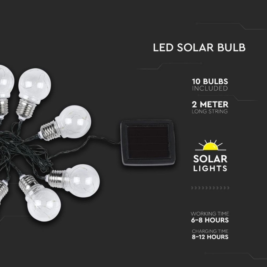 Cadena solar LED 10xLED/1W/1,2V 1xAA 2 m IP44 3000K 300 mAh