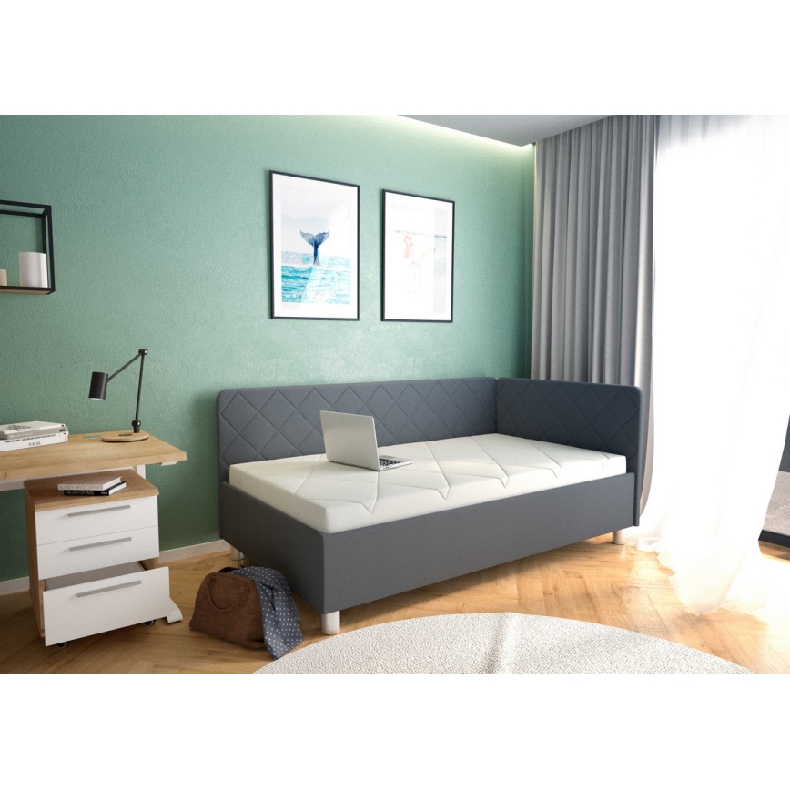 Cama de día tapizada con espacio de almacenamiento y colchón EMILE 110x200 cm gris