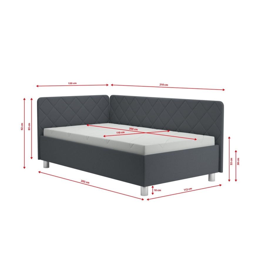 Cama de día tapizada con espacio de almacenamiento y colchón EMILE 110x200 cm gris