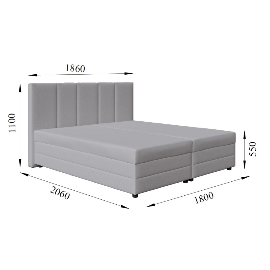 Cama tapizada con colchón de muelles y espacio de almacenamiento ISABEL 180x200 gris claro