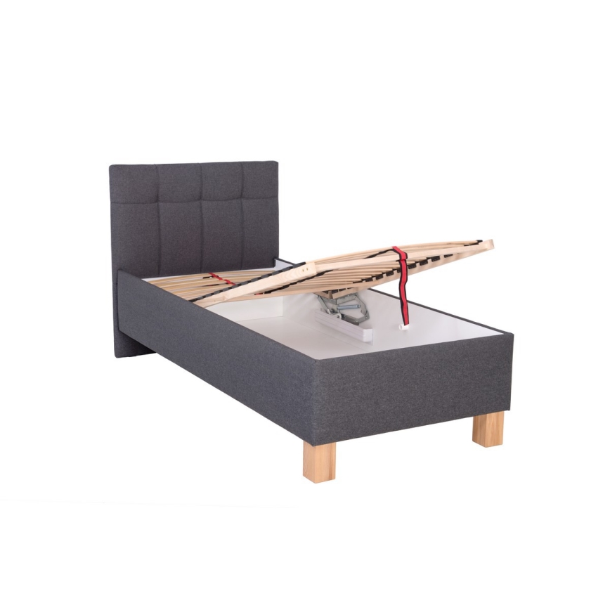 Cama tapizada con colchón y espacio de almacenamiento MARIA ONE 90x200 cm gris