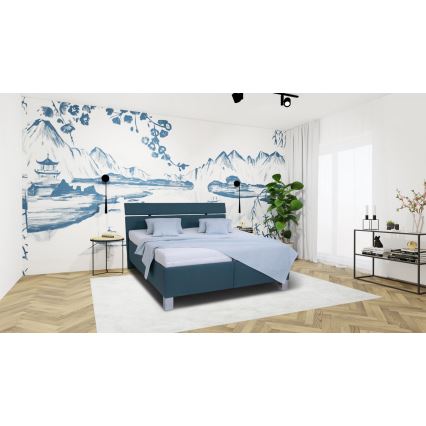 Cama tapizada con espacio de almacenamiento sin colchón ALIS 160x200 cm azul petróleo