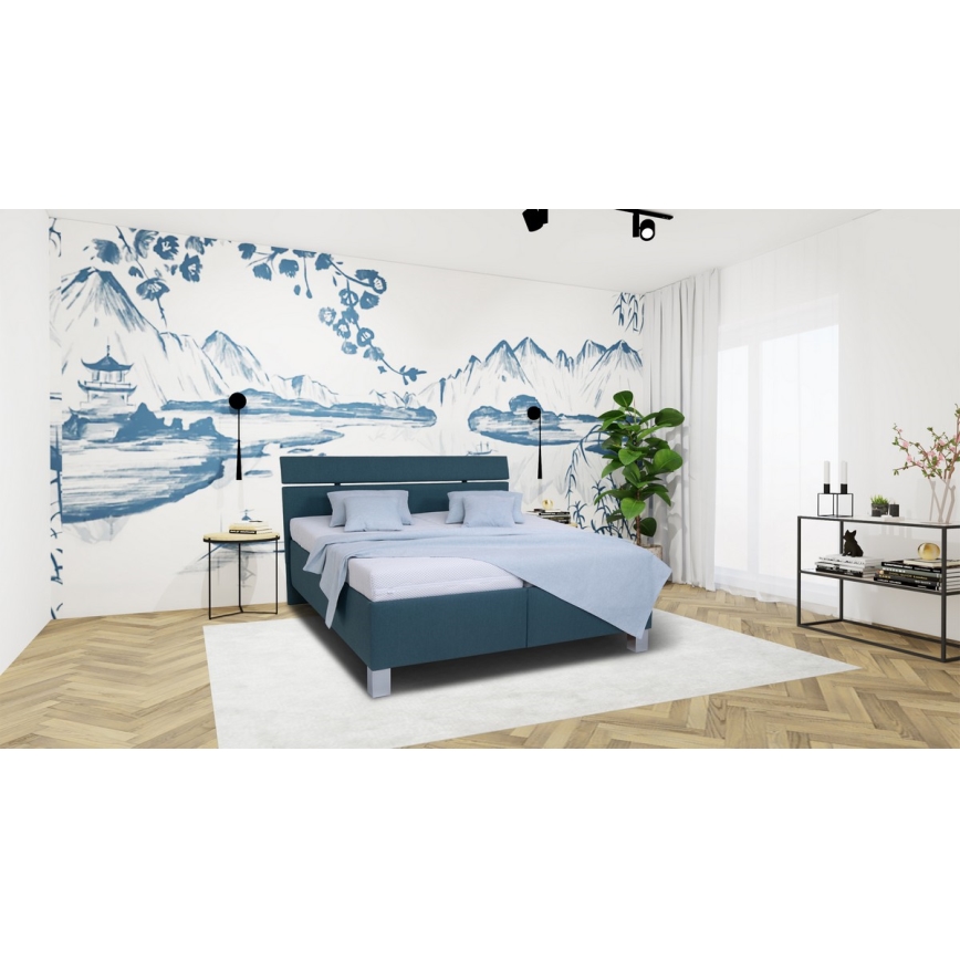 Cama tapizada con espacio de almacenamiento sin colchón ALIS 160x200 cm azul petróleo
