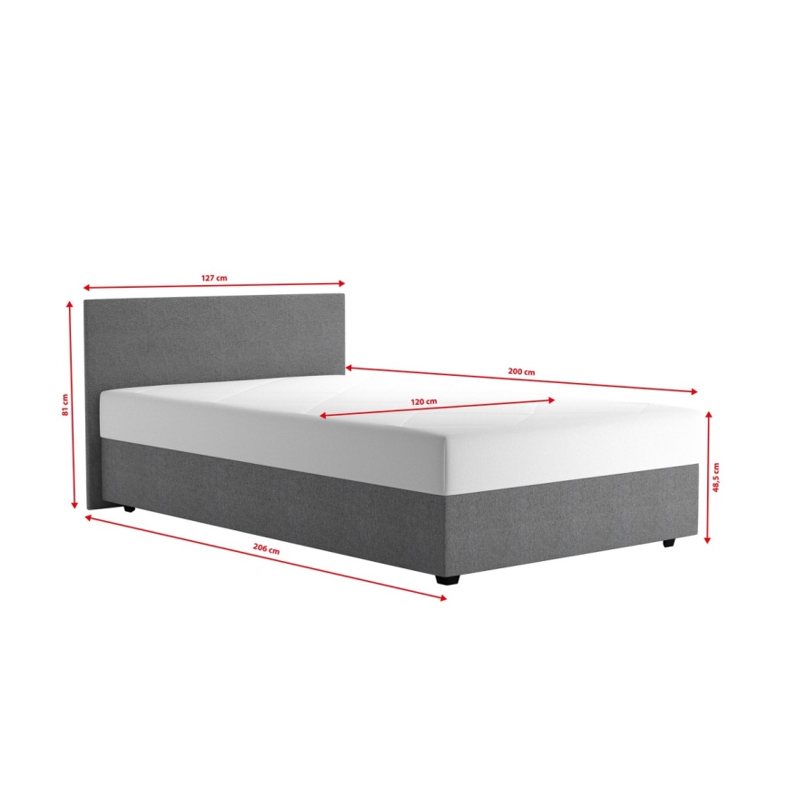 Cama tapizada con espacio de almacenamiento y colchón DARIA 120x200 cm gris