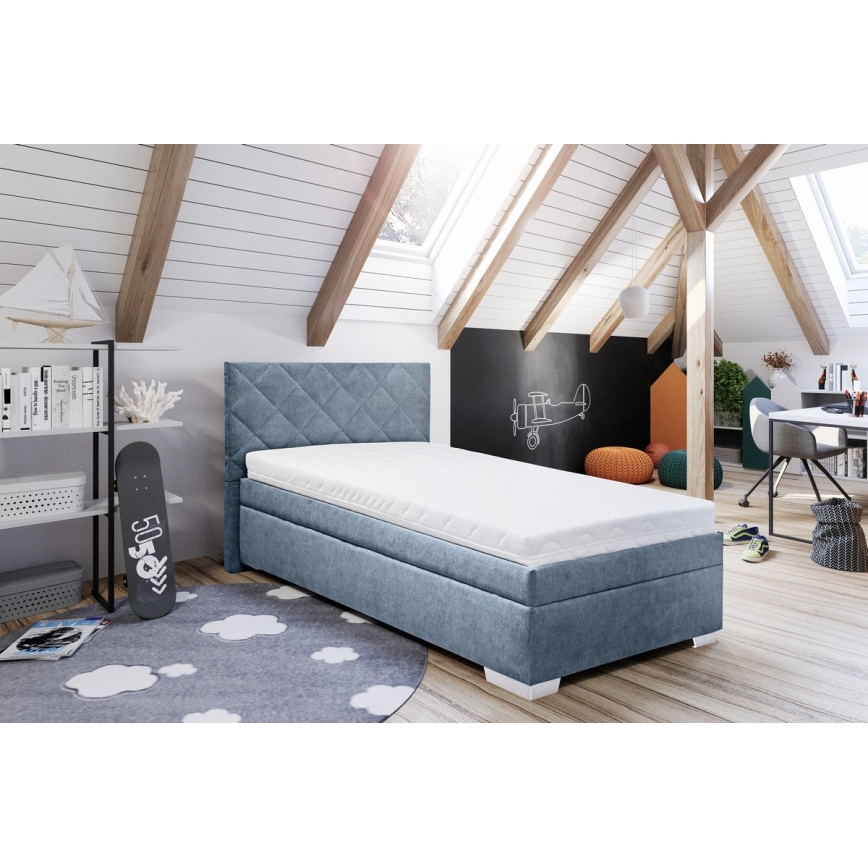 Cama tapizada con espacio de almacenamiento y colchón LANA 90x200 cm azul