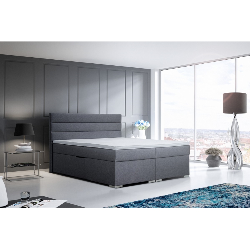 Cama tapizada con un espacio de almacenamiento y colchón con un topper NEW BOLERO 160x200 cm gris
