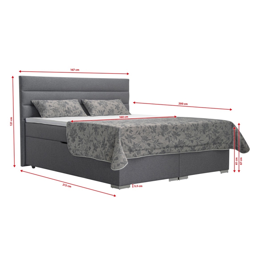 Cama tapizada con un espacio de almacenamiento y colchón con un topper NEW BOLERO 160x200 cm gris