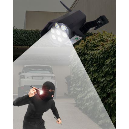 LED Cámara de seguridad solar ficticia con sensor LED/3,7V 1200 mAh IP44 negro + control remoto