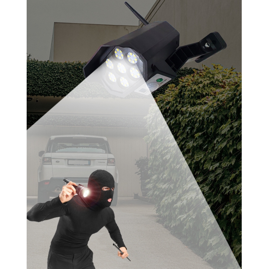LED Cámara de seguridad solar ficticia con sensor LED/3,7V 1200 mAh IP44 negro + control remoto