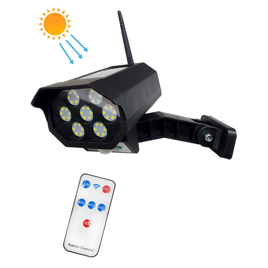 LED Cámara de seguridad solar ficticia con sensor LED/3,7V 1200 mAh IP44 negro + control remoto