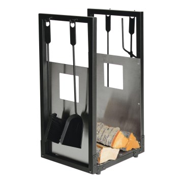 Cesta de leña con herramientas para chimenea 5 pz negro
