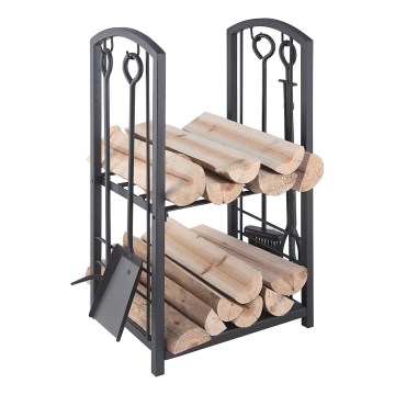 Cesta de leña con herramientas para chimenea 5 pz negro