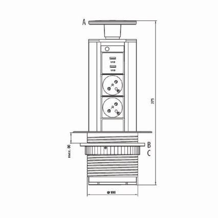 Columna de enchufe para mesa 2x230V +USB-A 3,1A +UBS-C 15,5W 230V