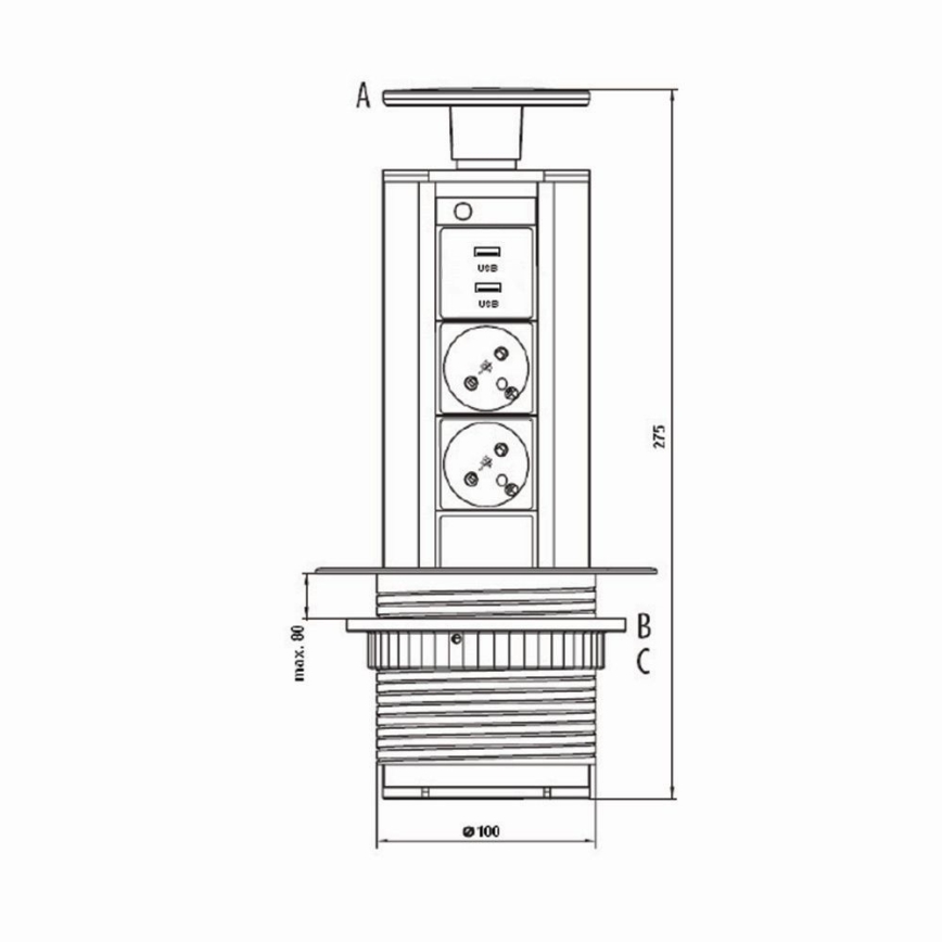 Columna de enchufe para mesa 2x230V +USB-A 3,1A +UBS-C 15,5W 230V