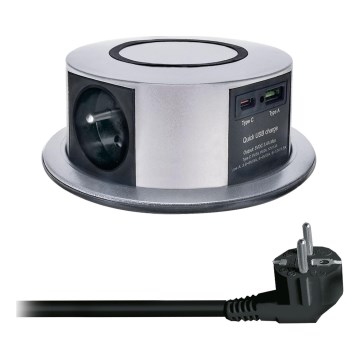 Columna de enchufes para mesa con carga inalámbrica Qi 3x230V + 1xUSB-A + 1xUSB-C plata/negro