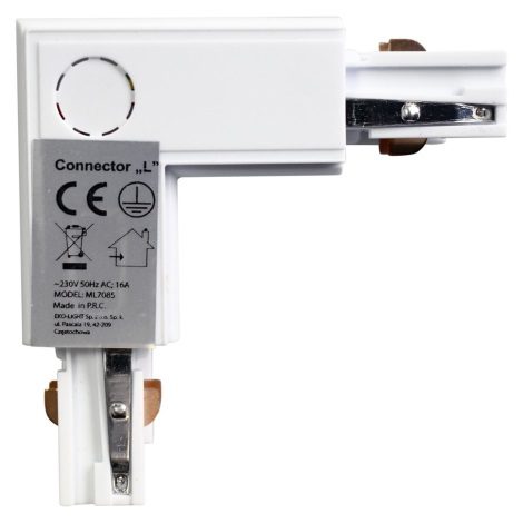 Conector trifásico para lámparas en el sistema de rieles TRACK blanco tipo L