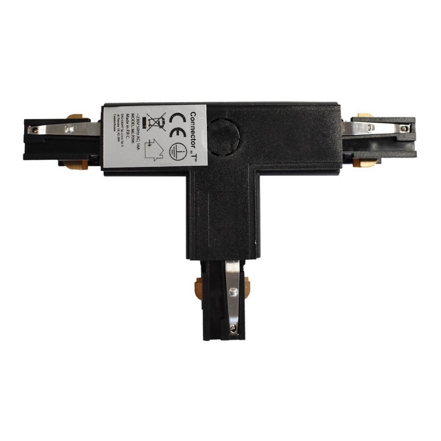 Conector trifásico para lámparas en el sistema de rieles TRACK negro tipo T