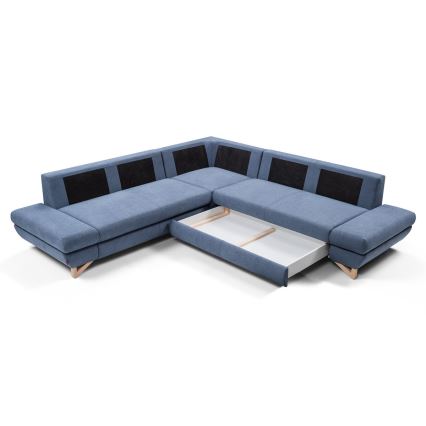 Conjunto de salón esquinero tapizado en forma de L plegable con espacio de almacenamiento AVESTA derecho azul
