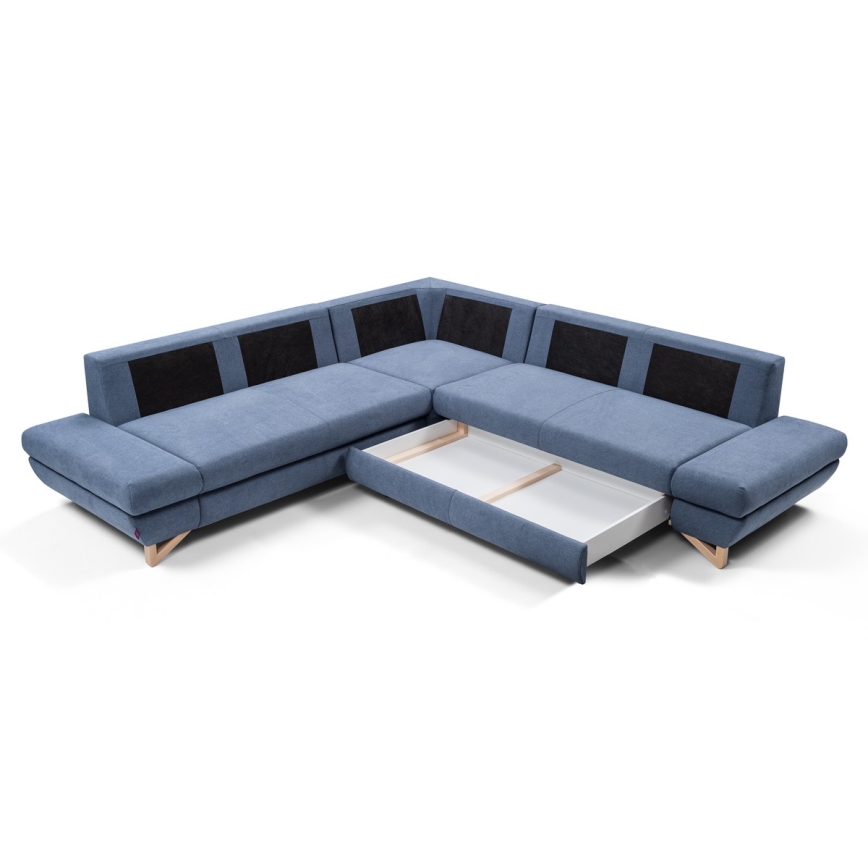 Conjunto de salón esquinero tapizado en forma de L plegable con espacio de almacenamiento AVESTA derecho azul