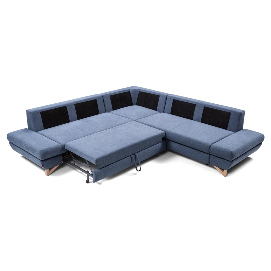 Conjunto de salón esquinero tapizado en forma de L plegable con espacio de almacenamiento AVESTA derecho azul