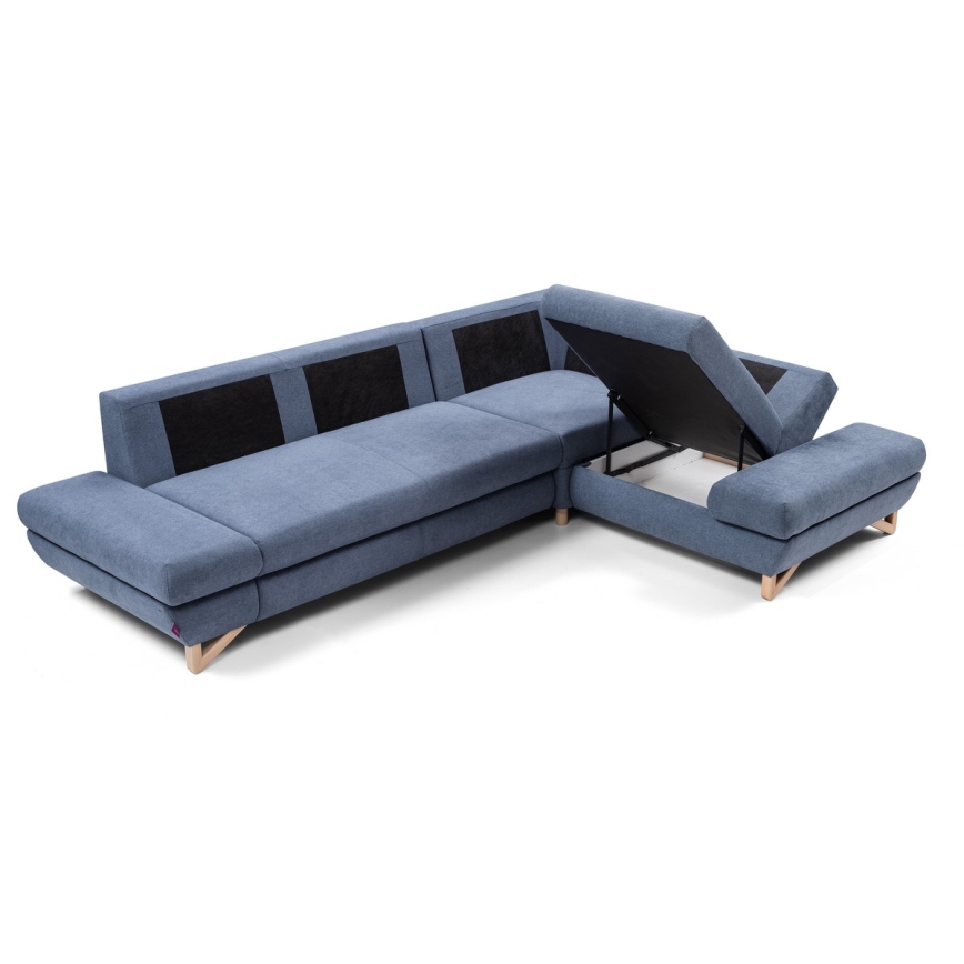 Conjunto de salón esquinero tapizado en forma de L plegable con espacio de almacenamiento AVESTA derecho azul