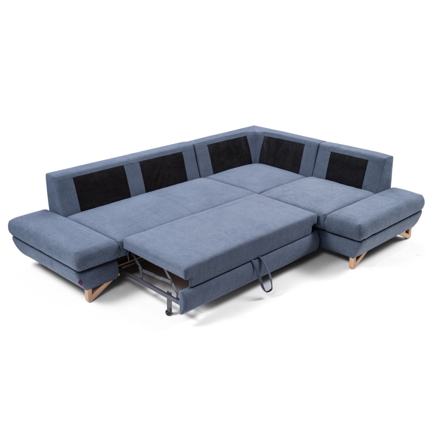 Conjunto de salón esquinero tapizado en forma de L plegable con espacio de almacenamiento AVESTA derecho azul