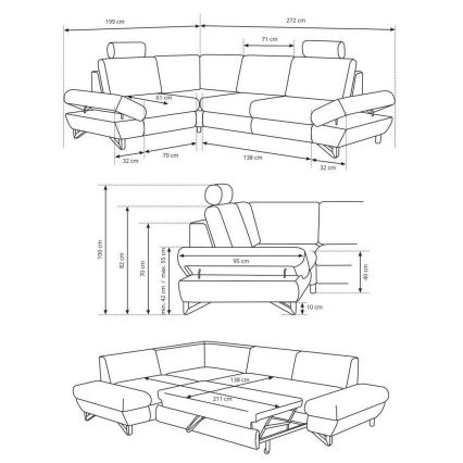 Conjunto de salón esquinero tapizado en forma de L plegable con espacio de almacenamiento AVESTA derecho azul