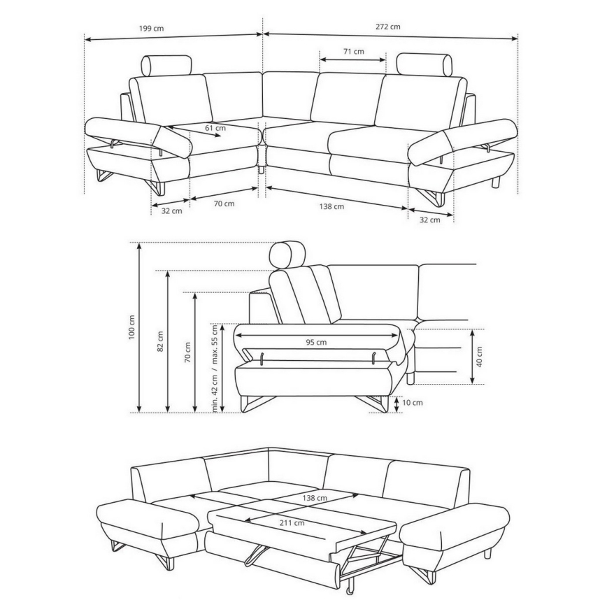 Conjunto de salón esquinero tapizado en forma de L plegable con espacio de almacenamiento AVESTA derecho azul