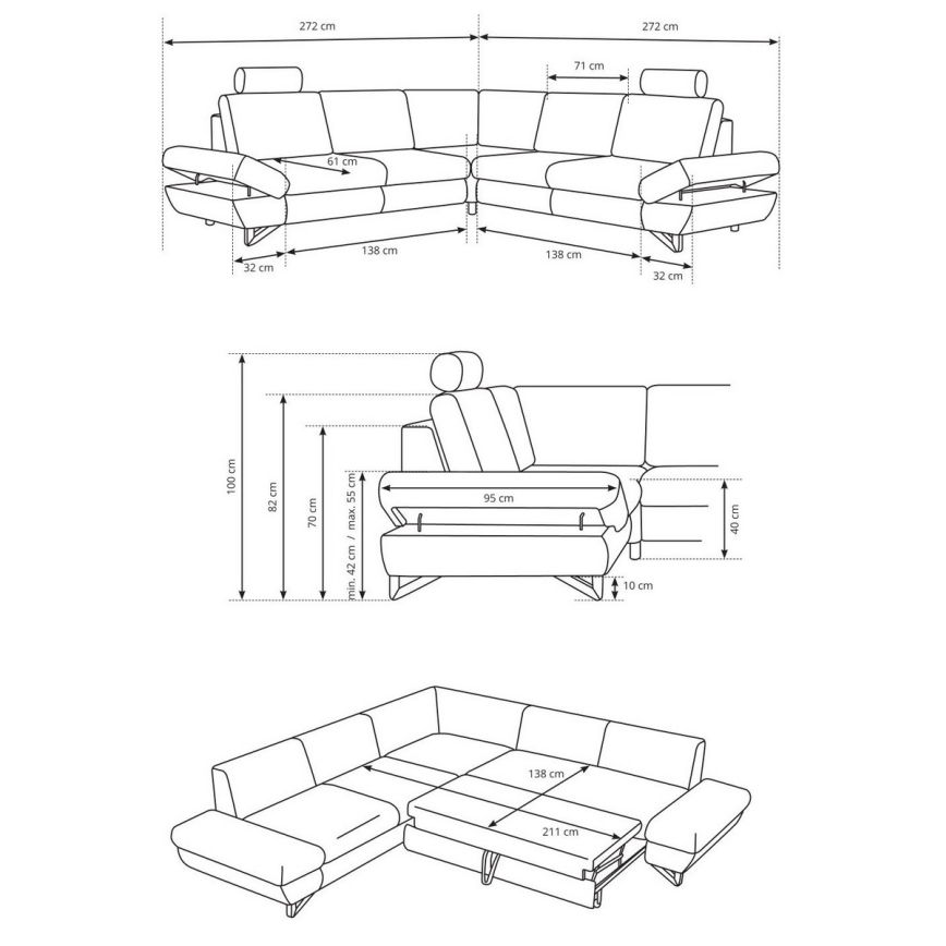 Conjunto de salón esquinero tapizado en forma de L plegable con espacio de almacenamiento AVESTA derecho gris