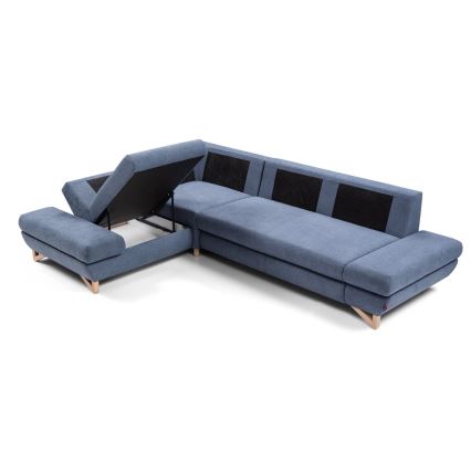 Conjunto de salón esquinero tapizado en forma de L plegable con espacio de almacenamiento AVESTA izquierda azul