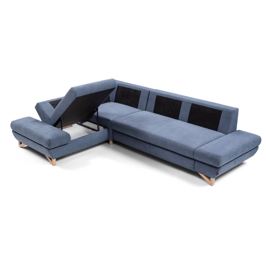 Conjunto de salón esquinero tapizado en forma de L plegable con espacio de almacenamiento AVESTA izquierda azul
