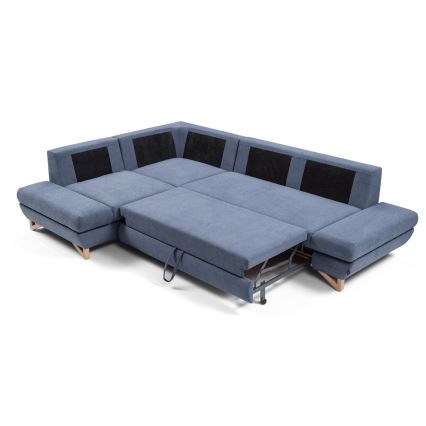 Conjunto de salón esquinero tapizado en forma de L plegable con espacio de almacenamiento AVESTA izquierda azul