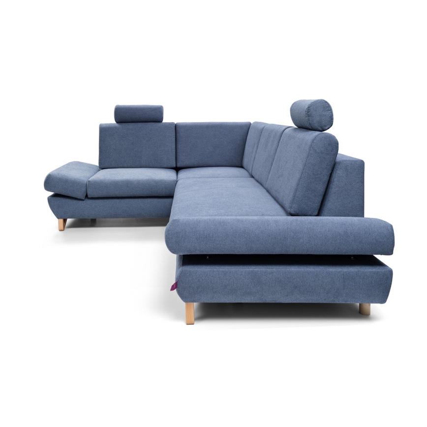 Conjunto de salón esquinero tapizado en forma de L plegable con espacio de almacenamiento AVESTA izquierda azul