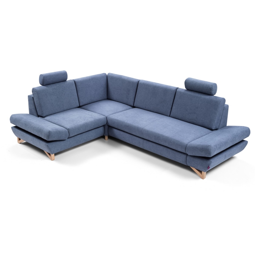 Conjunto de salón esquinero tapizado en forma de L plegable con espacio de almacenamiento AVESTA izquierda azul