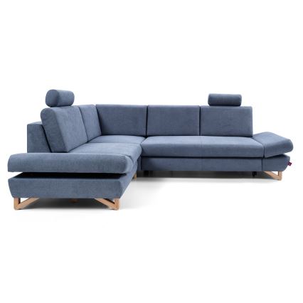 Conjunto de salón esquinero tapizado en forma de L plegable con espacio de almacenamiento AVESTA izquierda azul
